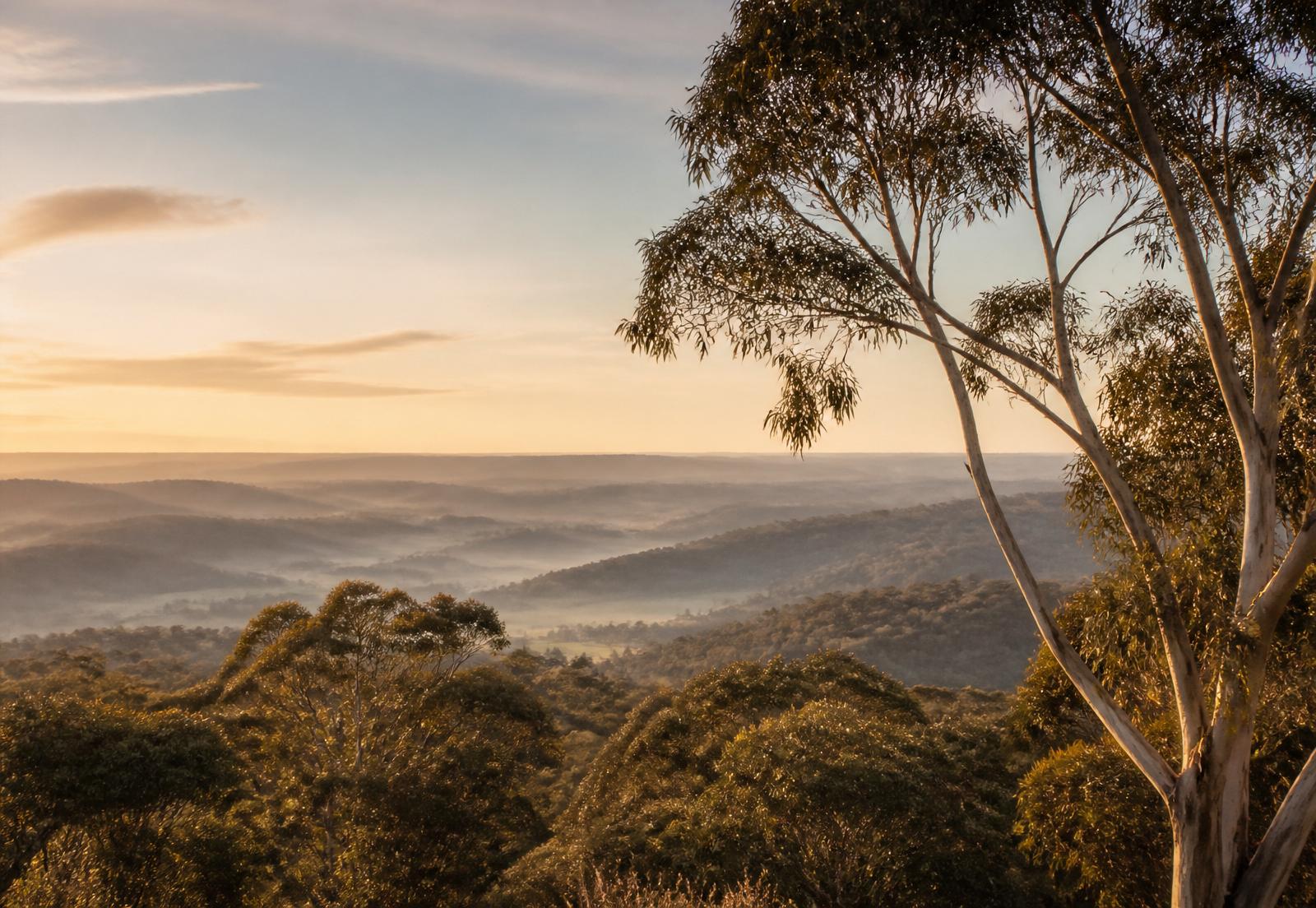 An open Australian eucalypt landscape at first light.